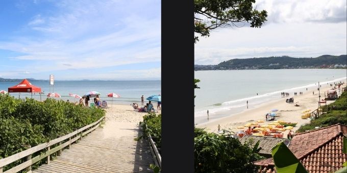 Duas imagens lado a lado mostram a praia de Jurerê durante o dia com céu ensolarado. 