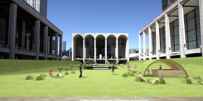 Nova York: imagem gráfica do jardim The Green, mostra céu aberto e espaço gramado
