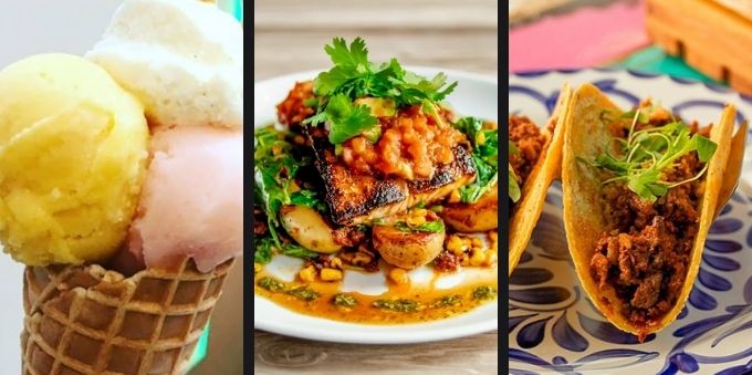 Miami: imagem conta com 3 fotos, lado a lado, de pratos gastronômicos. Da esquerda para direita: sorvete, carne e tacos mexicanos