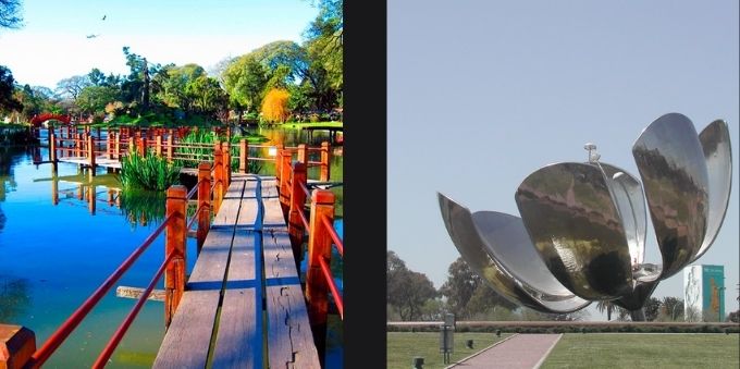 Buenos Aires: na esquerda, imagem mostra ponte sobre lago. Na direita, imagem mostra obra de flor metálica