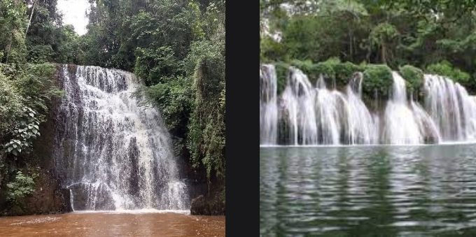 Imagens lado a lado mostram cachoeiras em Avaré. 