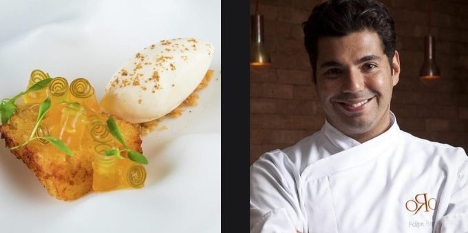 Lebon, duas imagens lado a lado: na esquerda, um prato sofisticado. Na direita, o chef Felipe Bronze.