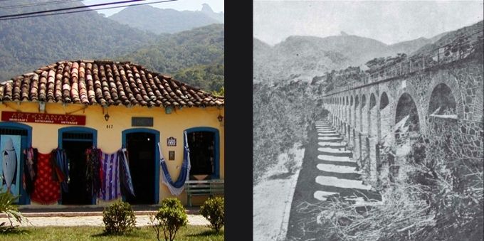 Angra dos Reis: imagem lado a lado. Da esquerda para direita: imagem de casa na Vila Abraão. Na direita, imagem em preto e branco das ruínas do presídio Cândido Mendes 