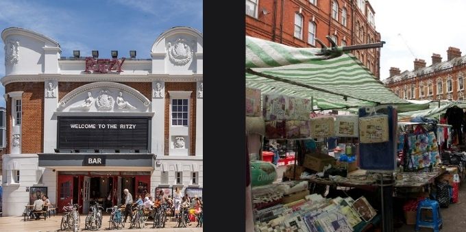 Duas imagens, lado a lado. Na direita, mostra a fachada do Rtizy. Na esquerda, mercado a céu aberto Brixton. Ambos em Londres. 