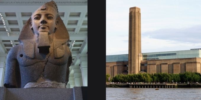 Duas imagens lado a lado. Na esquerda, obra presente na sala egito de Museu. Na direita, o prédio Tate. Ambos em Londres. 