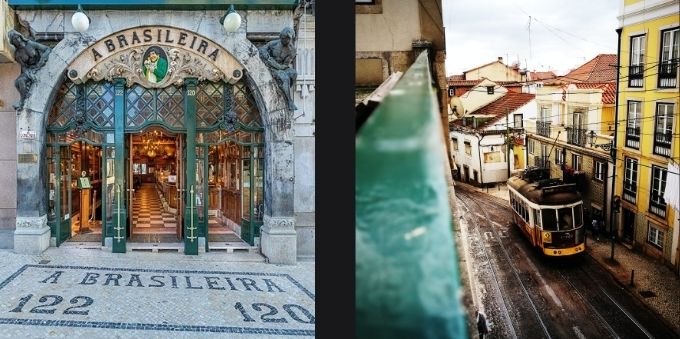 Imagem na direita mostra fachada do café A Brasileira. Imagem a esquerda mostra bondinho na rua de Lisboa