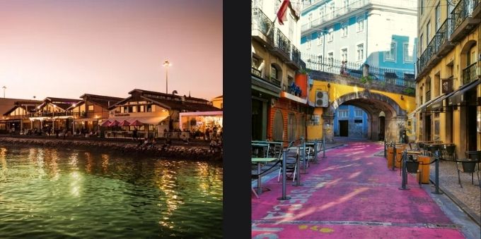 Imagem da esquerda mostra Cais de Sondré ao entardecer. Imagem da direita mostra rua com chão cor de rosa, em Lisboa
