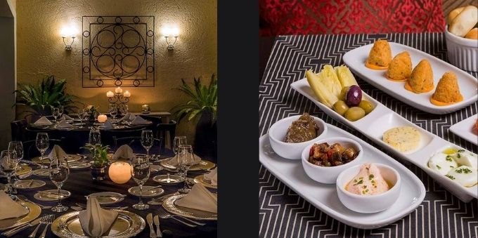 Duas imagens lado a lado mostram imagem interna de restaurante e mesa de petiscos, em Jurerê. 