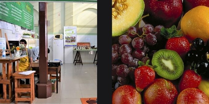 Imagens lado a lado mostram Mercado Municipal de Avaré e imagem fechada de várias frutas. 