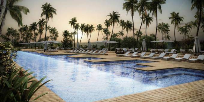 Perspectiva 3D de piscina em hotel de Trancoso