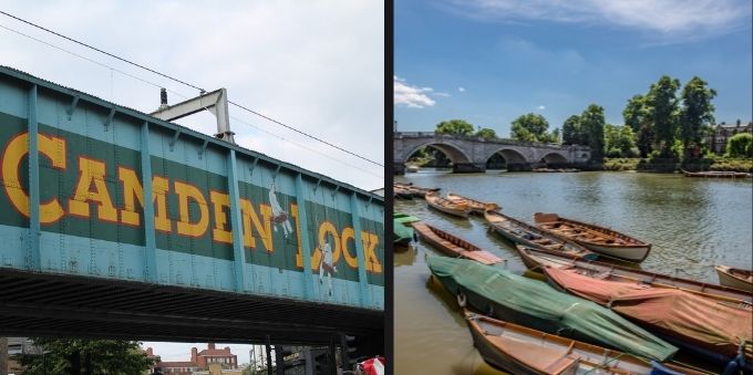 Verão de Londres: duas imagens, lado a lado. na esquerda, a fachada do Camden Town. Na direita, barcos no rio Tâmisa