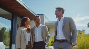 Investidores sorridentes depois de investir em imóveis. Ao fundo aparece uma grande casa.