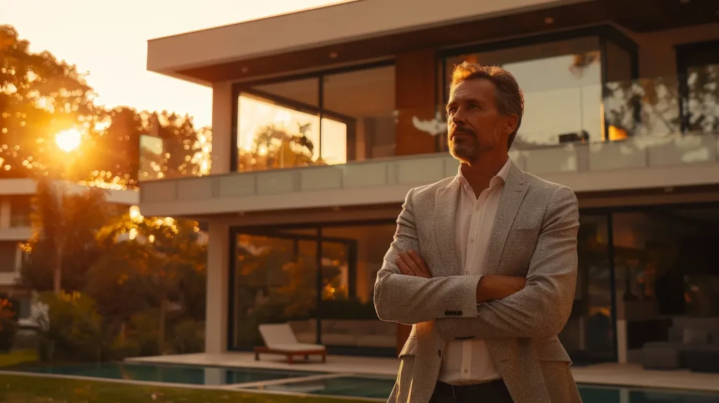 Empresário de braços cruzados em frente a uma mansão, depois de anunciar imóvel de alto padrão.