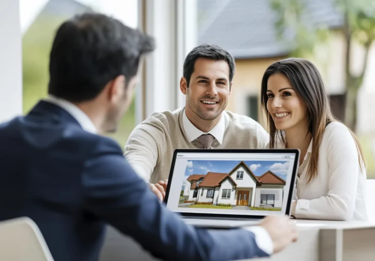Consultor com um notebook apresenta dados e opções de casas para casal durante consultoria imobiliária.
