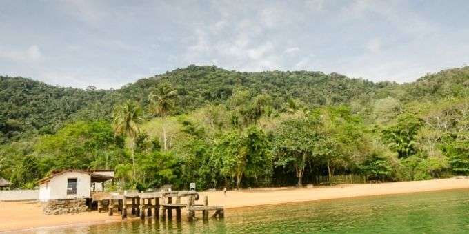 Imagem aberta da praia com árvores e montanhas ao fundo, em Angra dos Reis 